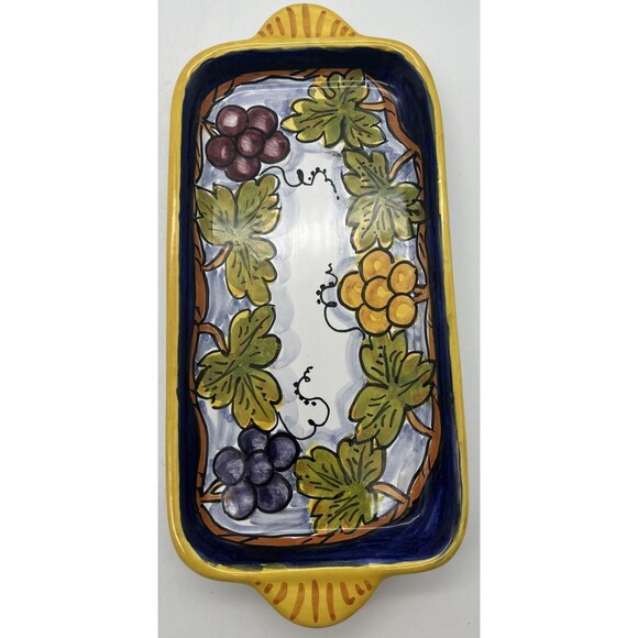 Lorenzaccio Deruta Hand-painted Grape Vine Tray Multicolor Signed - Picture 1 of 4